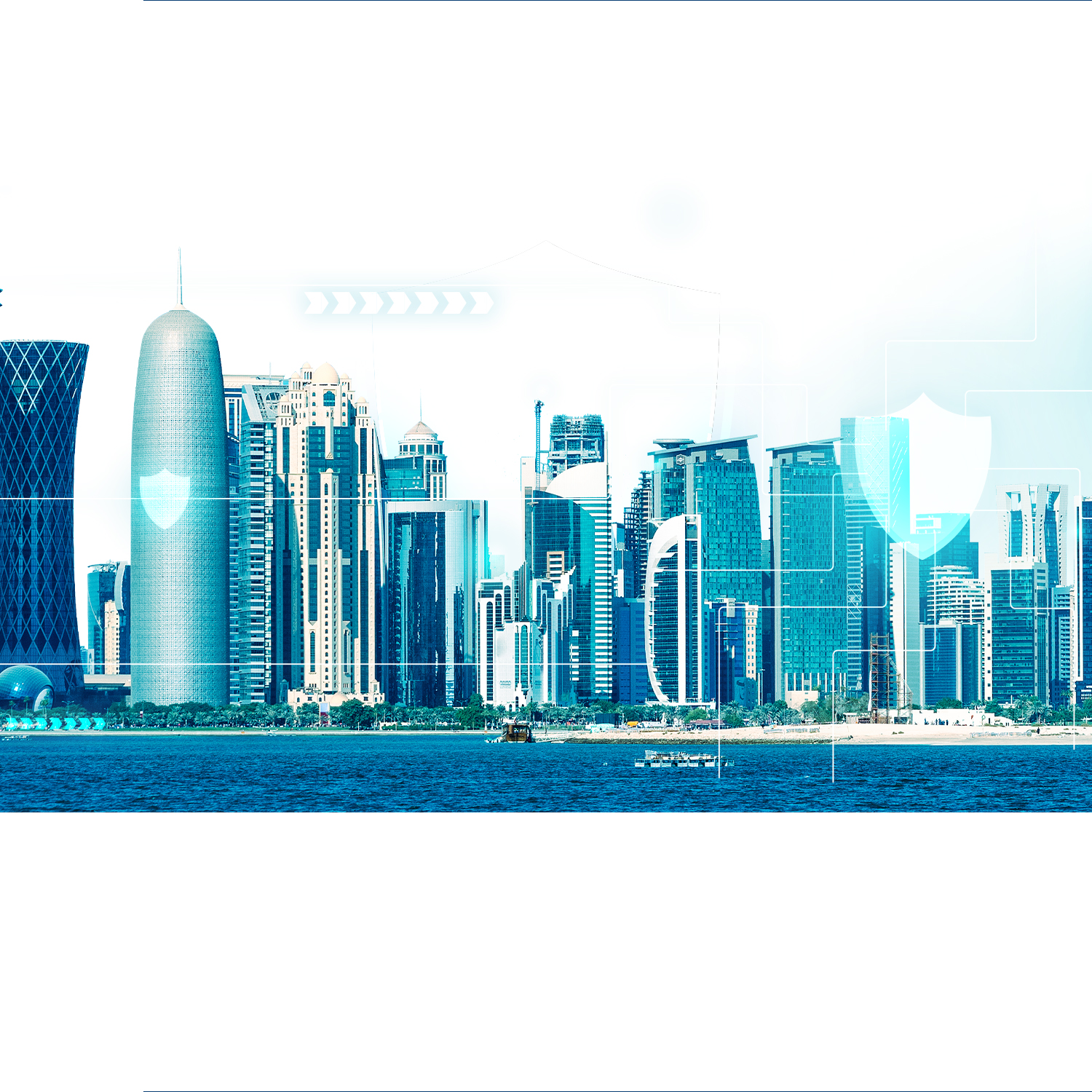 Doha skyline overlaid with a security shield motif